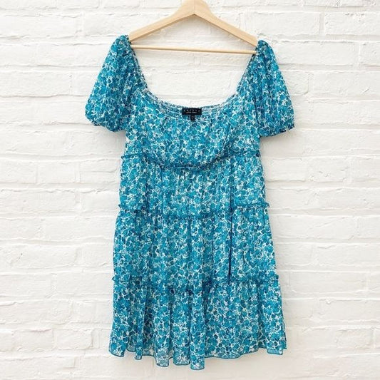 Trixxi || Tiered Floral Mini Dress Smocked Back Teal Large