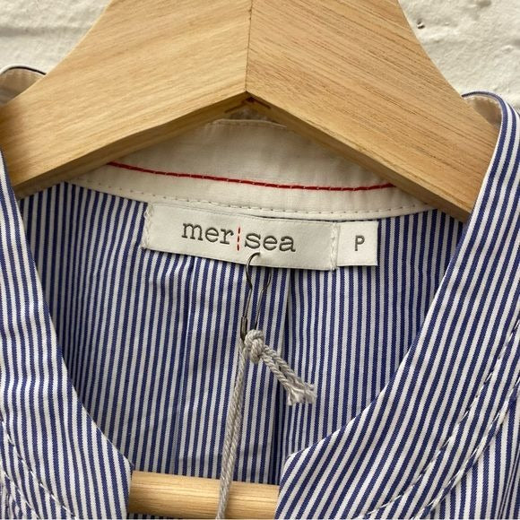 Mersea || Essential Shirt Dress Collarless Blue White Stripe Petite NWT