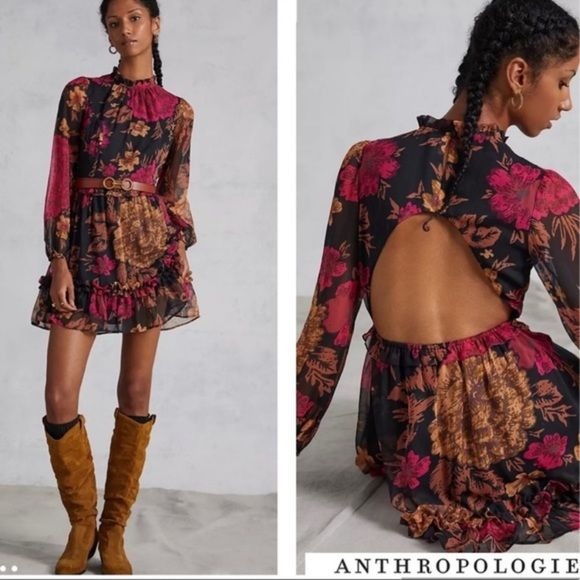 Anthropologie || Porridge Puff Sleeve Open Back Floral Mini Dress Black Small