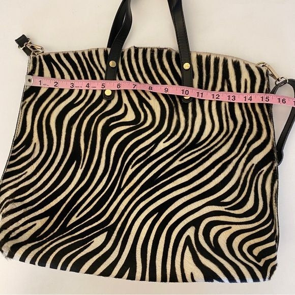 Made in Italy || Zebra Print Pony Hair + Leather Satchel Tote Shoulder Bag Black