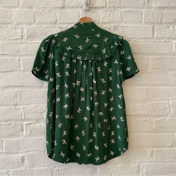 Anthropologie || Maeve Adagio Dog Print Ruffled Blouse Bow Neck Green Small