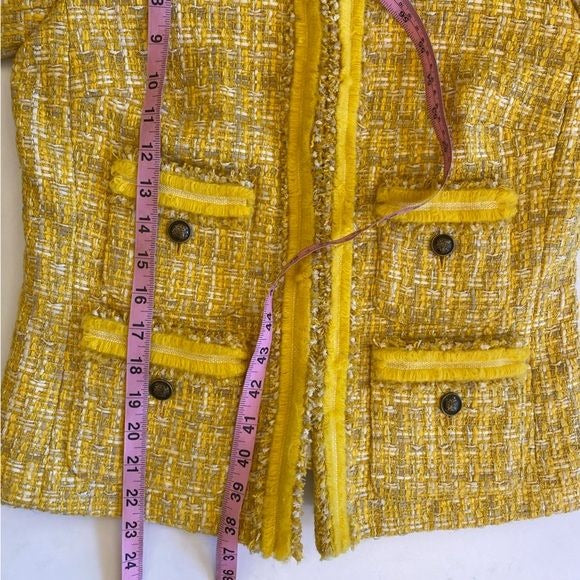 Talbots || Tweed Lady Jacket Fringe Patch Pocket Buttons Preppy Yellow 2