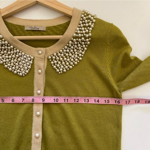 Anthropologie || Darling Pearl Faux Collar Trim Sweater Angora Blend Green Small