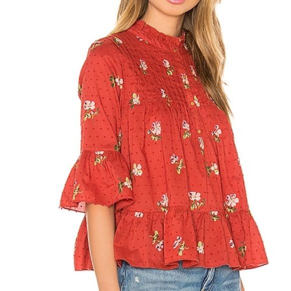 Ulla Johnson || Charlotte Pintucked A-Line Ruffle Blouse Floral Crimson 0