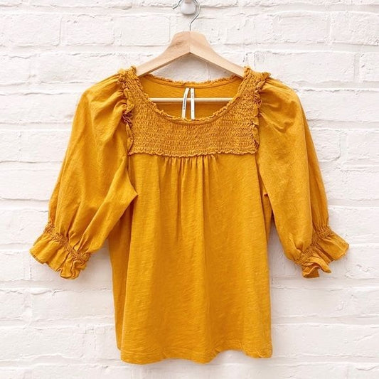 Anthropologie || Smocked Puff-Sleeve Knit Top Gold Small