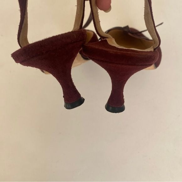 Manolo Blahnik || Slingback Kitten Heels Mules Suede Bow Burgundy Wine Red 37.5