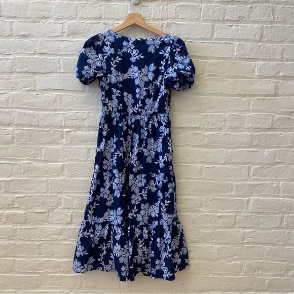 J. Crew || Tiered Poplin Puff-Sleeve Midi Dress Floral Navy Blue 00