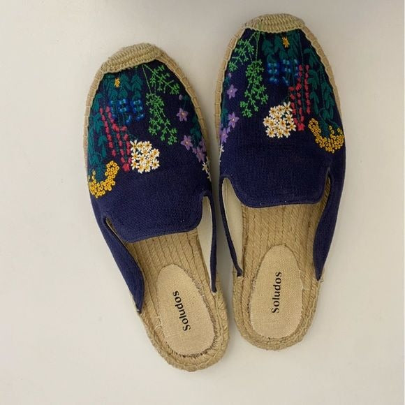 Soludos || Wildflower Embroidered Espadrille Slip On Mules Floral Navy Blue 9