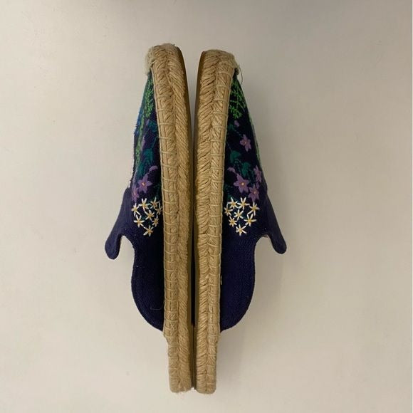 Soludos || Wildflower Embroidered Espadrille Slip On Mules Floral Navy Blue 9