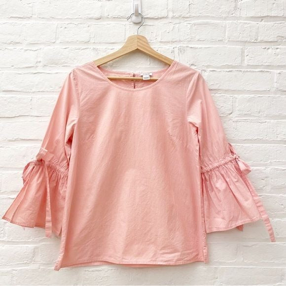 J. Crew || Tie Bow Bell Ruffle Statement Sleeve Poplin Top Blouse Pink Small