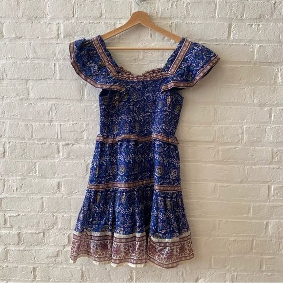 Sea New York || Rosita Smocked Mini Dress Ruffle Strap Sleeve Floral Blue Small