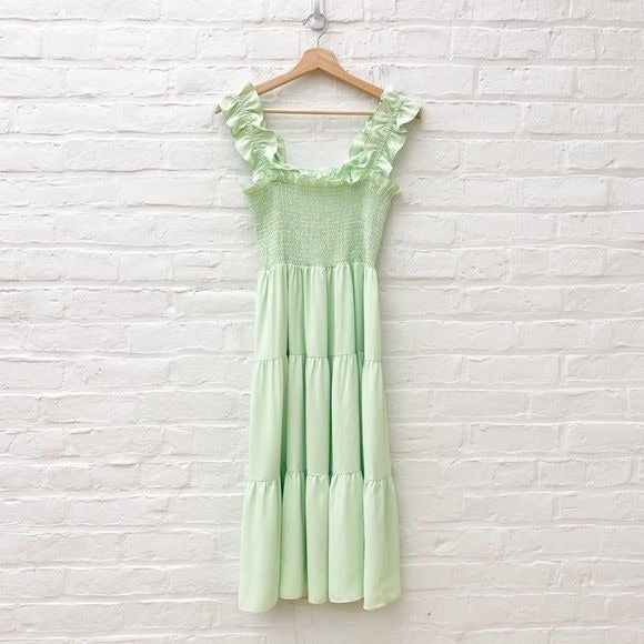 Amanda Uprichard || Adelene Midi Dress Smock Ruffle in Hypermint Light Green S