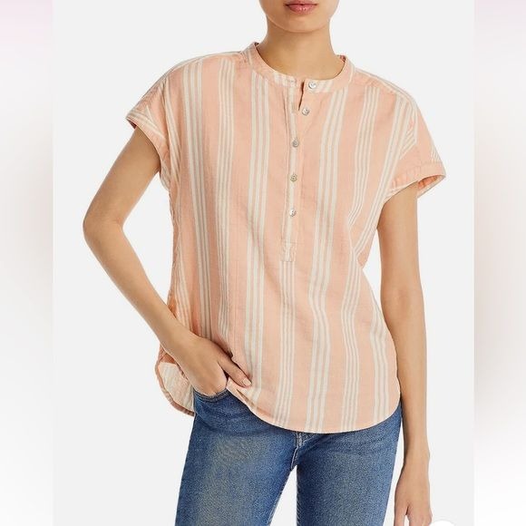 Faherty || Stripe 1/2-Placket Pullover Top Peach Medium