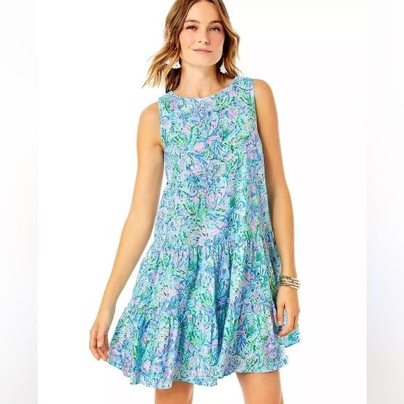 Lilly Pulitzer || Trina Dress Tiered A-Line Mini Seahorse Surf Blue Soleil XXS