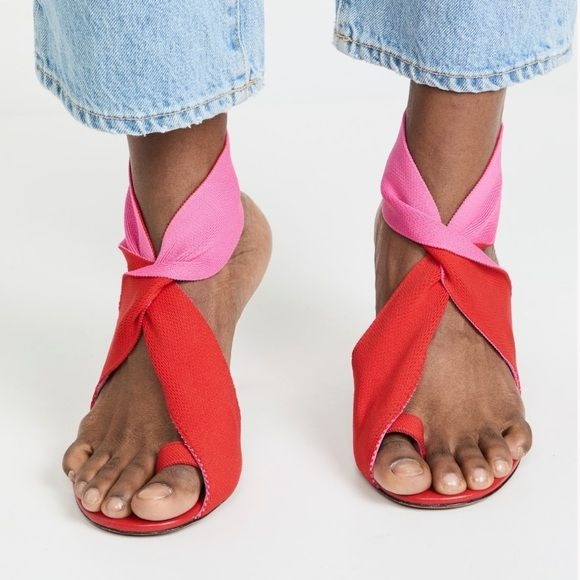 NEOUS || Alya Slingback Sandals Stretch Twist Two Tone Heels Red Pink 38