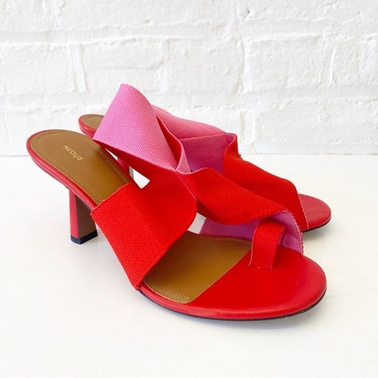 NEOUS || Alya Slingback Sandals Stretch Twist Two Tone Heels Red Pink 38