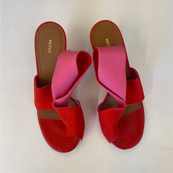 NEOUS || Alya Slingback Sandals Stretch Twist Two Tone Heels Red Pink 38