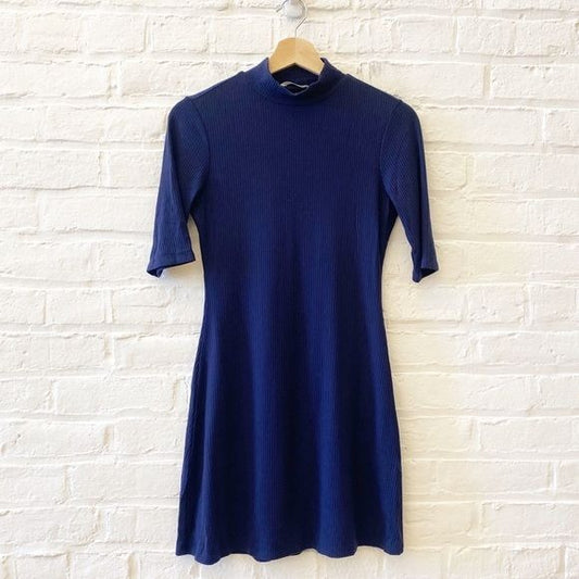 Reformation || Ribbed Mock Neck Mini Dress Navy Blue Small