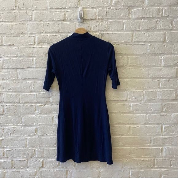 Reformation || Ribbed Mock Neck Mini Dress Navy Blue Small