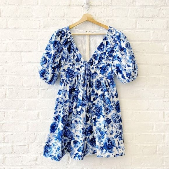 Abercrombie & Fitch || Cinch Front Blue Floral Puff Sleeve Poplin Mini Dress M