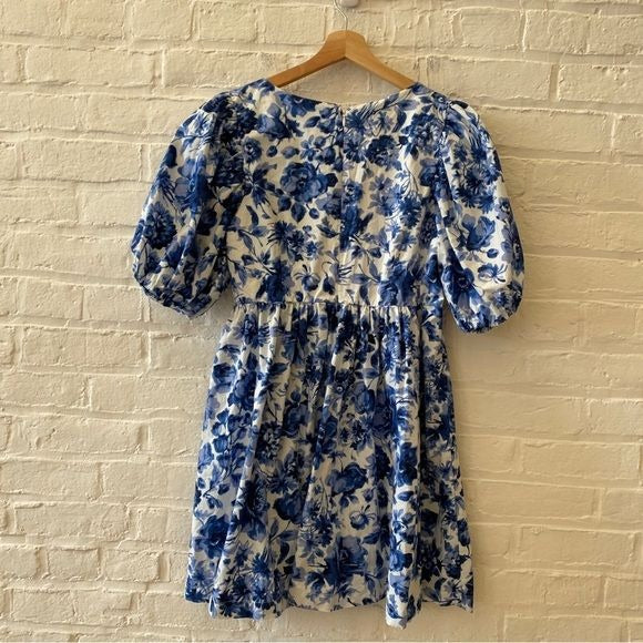 Abercrombie & Fitch || Cinch Front Blue Floral Puff Sleeve Poplin Mini Dress M