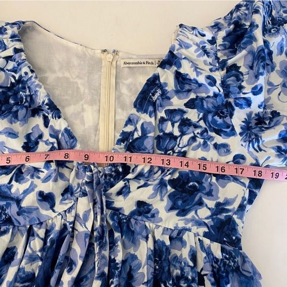 Abercrombie & Fitch || Cinch Front Blue Floral Puff Sleeve Poplin Mini Dress M