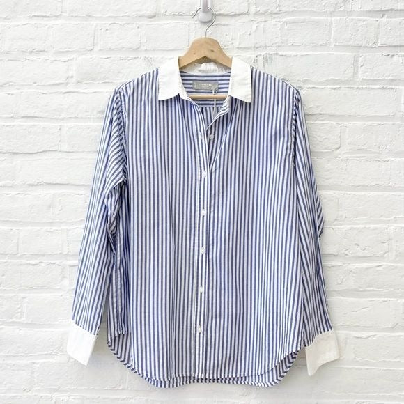 Everlane || The Silky Cotton Relaxed Shirt Button Down Mariner Blue Stripe 6 NWT