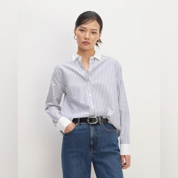 Everlane || The Silky Cotton Relaxed Shirt Button Down Mariner Blue Stripe 6 NWT