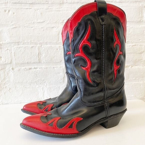 Vintage || Black + Red Cowboy Western Boots 8.5