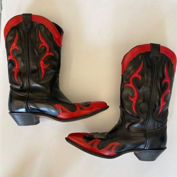 Vintage || Black + Red Cowboy Western Boots 8.5