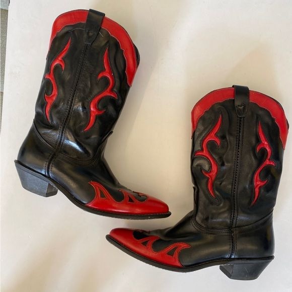 Vintage || Black + Red Cowboy Western Boots 8.5