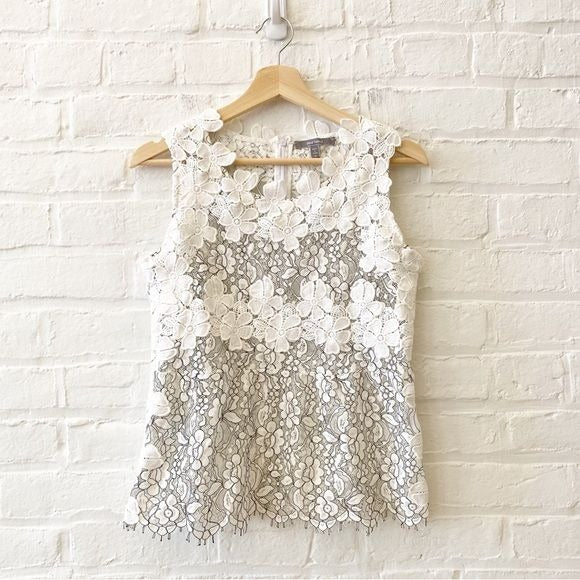 Anthropologie || Blue Tassel Floral Lace Top Sheer White Small