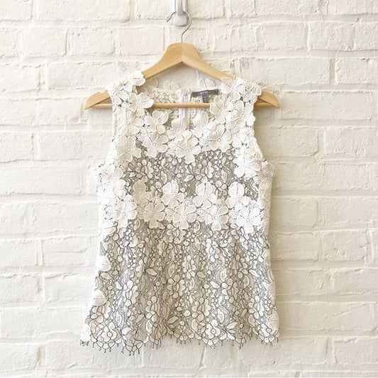 Anthropologie || Blue Tassel Floral Lace Top Sheer White Small