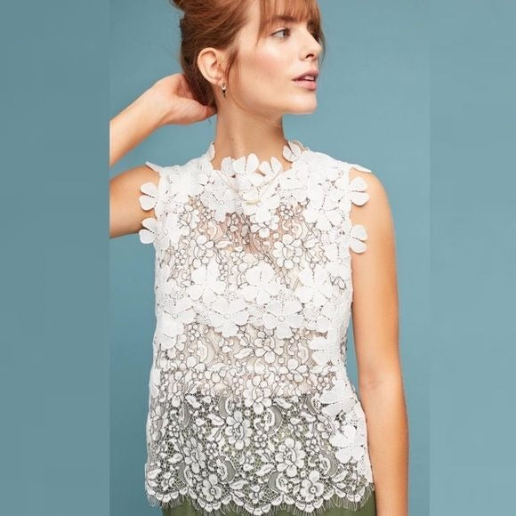 Anthropologie || Blue Tassel Floral Lace Top Sheer White Small