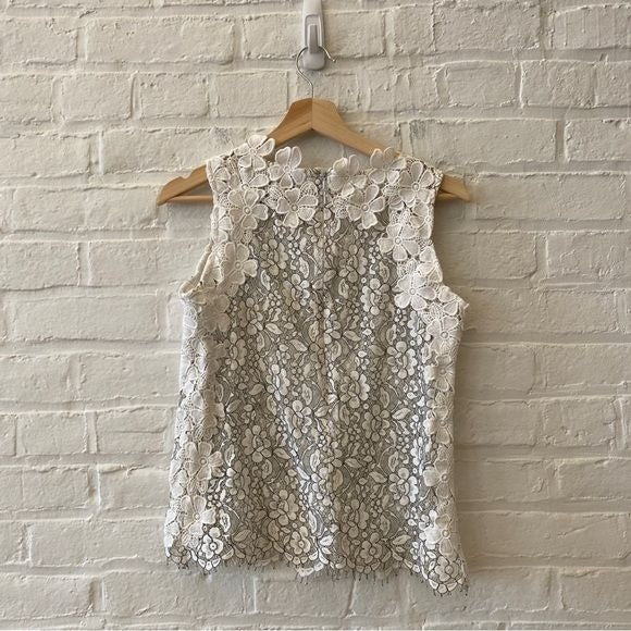 Anthropologie || Blue Tassel Floral Lace Top Sheer White Small