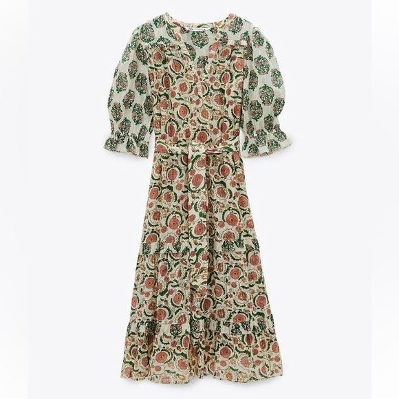 ZARA || Floral Belted Midi Dress Cotton Block Print Look Small