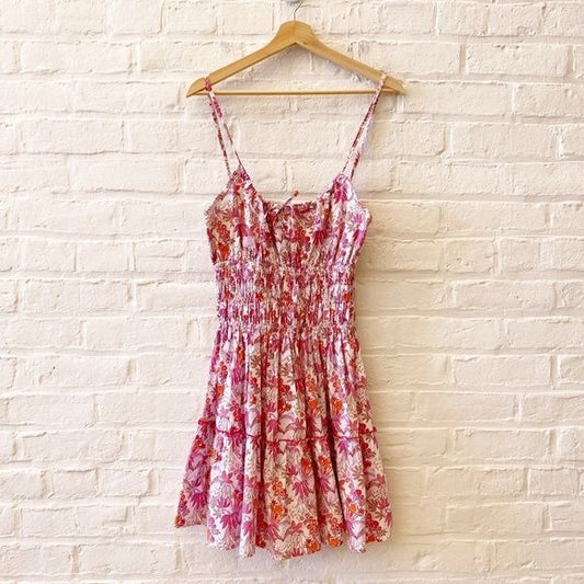 Anthropologie || Lusana Rosa Mini Dress Smocked Tie Floral Pink US 6