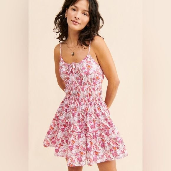 Anthropologie || Lusana Rosa Mini Dress Smocked Tie Floral Pink US 6