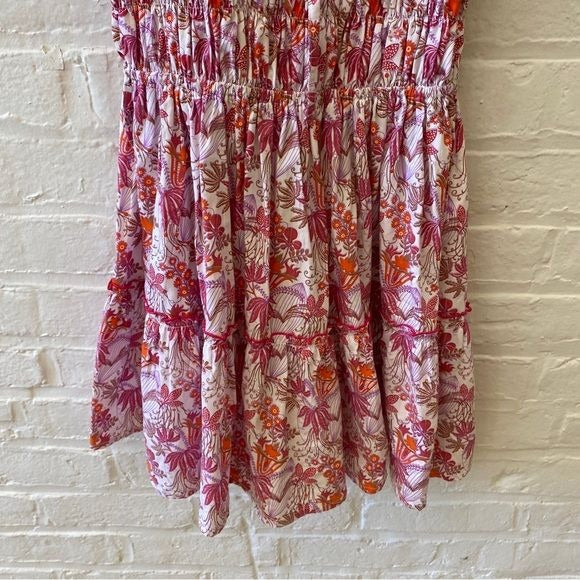 Anthropologie || Lusana Rosa Mini Dress Smocked Tie Floral Pink US 6