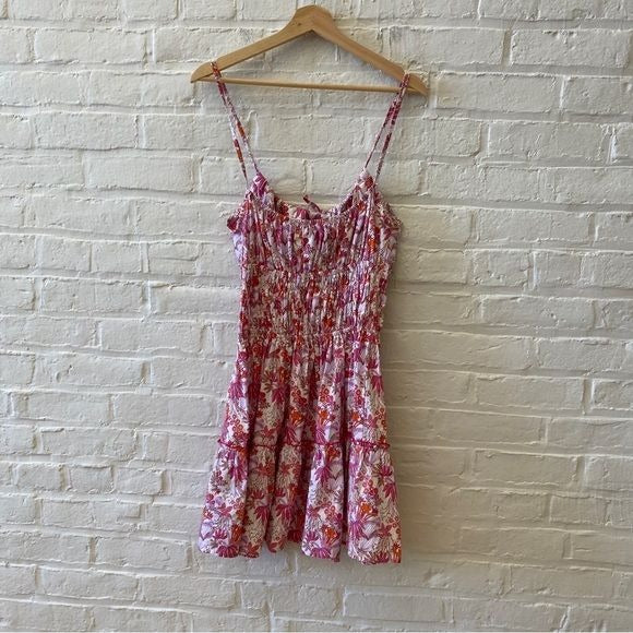 Anthropologie || Lusana Rosa Mini Dress Smocked Tie Floral Pink US 6