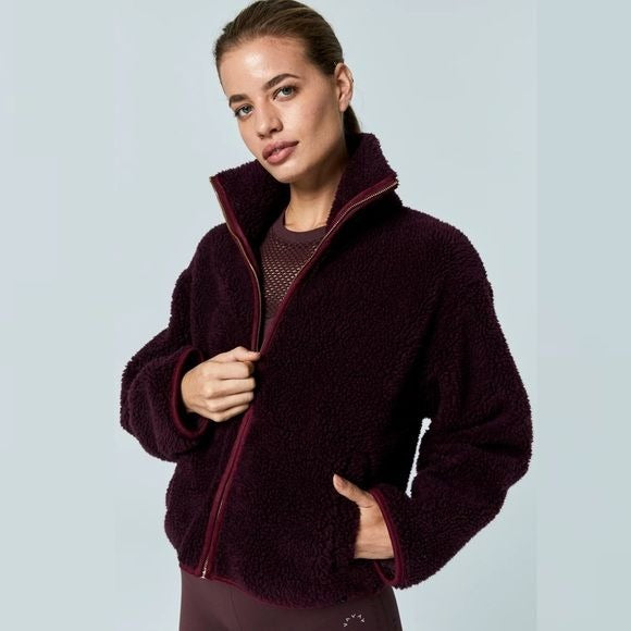 Varley || Highwood Jacket Sherpa Fleece Full Zip Coat in Fig Burgundy Large