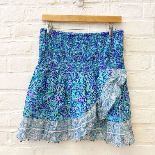 Bell by Alicia Bell || Smocked Ruffle Mini Skirt Block Print Floral Blue XL NWT