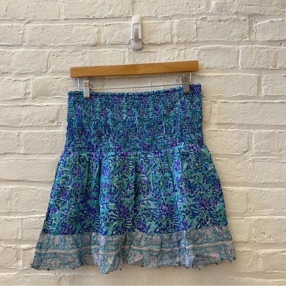 Bell by Alicia Bell || Smocked Ruffle Mini Skirt Block Print Floral Blue XL NWT