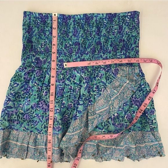 Bell by Alicia Bell || Smocked Ruffle Mini Skirt Block Print Floral Blue XL NWT