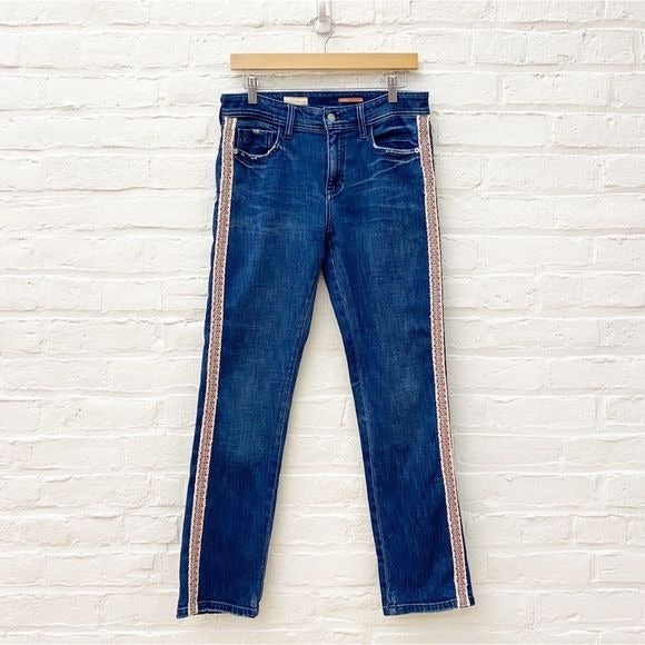 Anthropologie || Pilcro Slim Straight Boyfriend Jeans Embroidered Stripe Blue 28