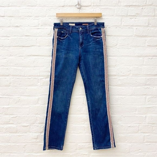 Anthropologie || Pilcro Slim Straight Boyfriend Jeans Embroidered Stripe Blue 28