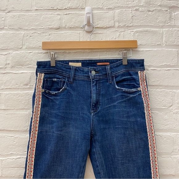 Anthropologie || Pilcro Slim Straight Boyfriend Jeans Embroidered Stripe Blue 28