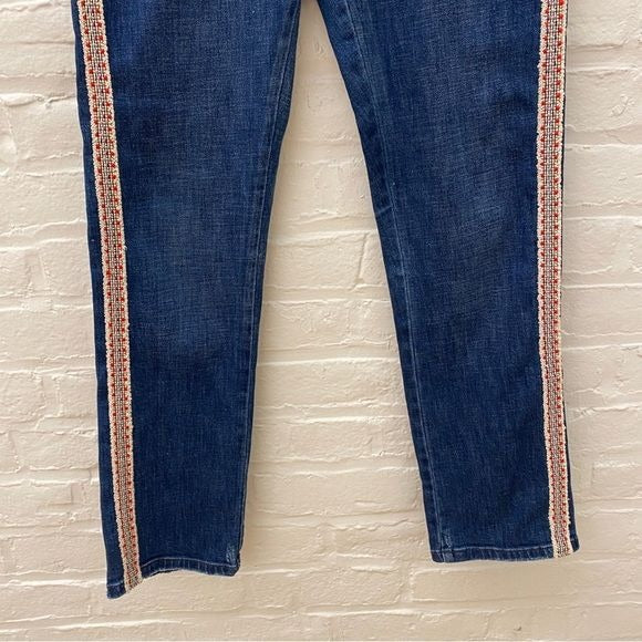 Anthropologie || Pilcro Slim Straight Boyfriend Jeans Embroidered Stripe Blue 28