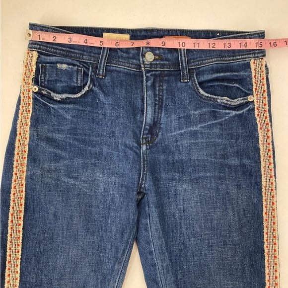 Anthropologie || Pilcro Slim Straight Boyfriend Jeans Embroidered Stripe Blue 28