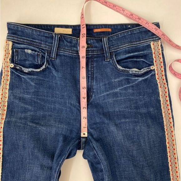 Anthropologie || Pilcro Slim Straight Boyfriend Jeans Embroidered Stripe Blue 28